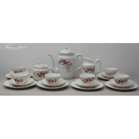 ANGLIA XIX w-PORCELANOWY KOMPLET DO KAWY I HERBATY Z FIOŁKOWYMI DEKORACJAMI RĘCZNIE MALOWANYMI- PIĘKNA FAKTUROWA PORCELANA !