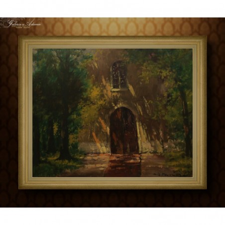 OBRAZ OLEJNY - Henri Joseph Pauwels ( 1903-1983) - NA KOŚCIELNYM DZIEDZIŃCU.