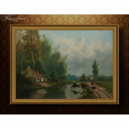 OBRAZ OLEJNY - Paul SCHOUTEN (1860-1922) - WIEJSKI PEJZAŻ -U WODOPOJU.
