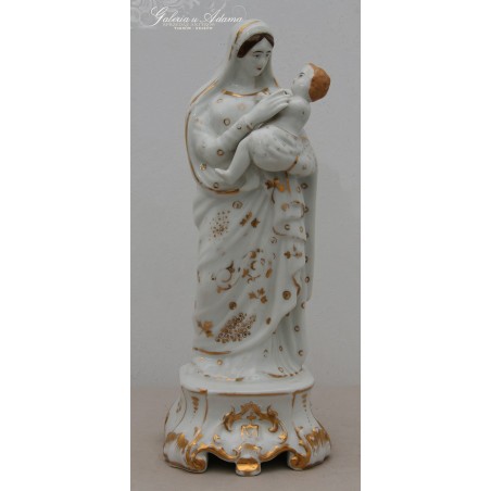 XIX w-FIGURA “MATKI BOSKIEJ Z DZIECIĄTKIEM” Z PORCELANY SZKLIWIONEJ RĘCZNIE MALOWANEJ I ZŁOCONEJ -PIĘKNA !