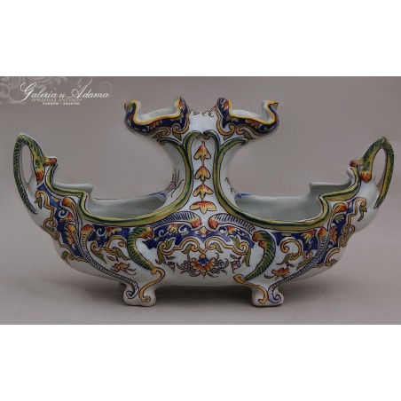 FRANCJA “ROUEN”-OZDOBNA PORCELANOWA WAZA-IKEBANA RĘCZNIE MALOWANA I SZKLIWIONY- CIEKAWA FORMA I KOLORYSTYKA !