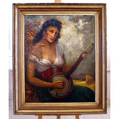 Obraz Olejny - A. Gevaert - Kobieta grająca na banjo.