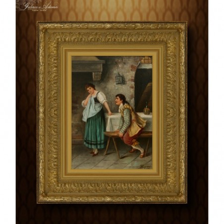 OBRAZ OLEJNY - XIX w. - SZKOŁA WŁOSKA - P.MAORI - ZALOTY W KARCZMIE I.