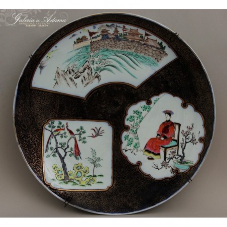XIX w – DUŻE WSCHODNIE MALOWIDŁO NA PORCELANIE SKŁADAJĄCE SIĘ Z TRZECH PEJZAŻY AFIRMUJĄCYCH ŻYCIE NA KOBALTOWO-ZŁOTYM TLE- PIĘKNE !!