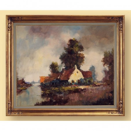 OBRAZ OLEJNY - Henri Joseph Pauwels ( 1903-1983) - DOM NAD RZEKĄ .