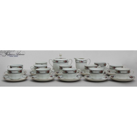 “VICTORIA” CZECHO-SLOVAKIA-PORCELANOWY KOMPLET DO KAWY NA 12 OSÓB CUKIERNICĄ I MLECZNIKIEM-ELEGANCKIE ZDOBIENIA !