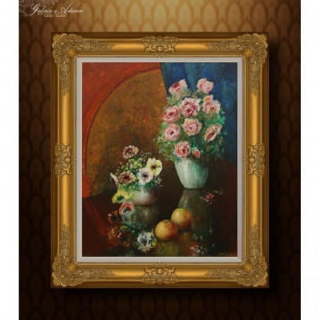OBRAZ OLEJNY - JEF MOONS (1920-1969) - MARTWA NATURA Z KWIATAMI.