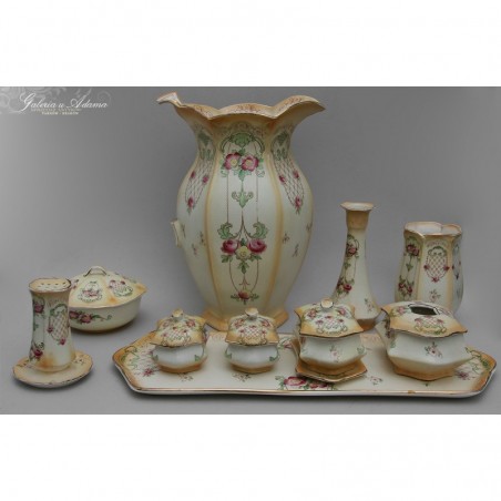 ANGLIA XIX w- KOMPLET TOALETOWO-BUDUAROWY Z PORCELANY ( 10 SZTUK) -RĘCZNIE MALOWANY- PIĘKNY !