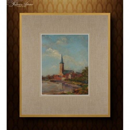 OBRAZ OLEJNY - GODFRIED DE SMEDT (1953) - KOŚCIÓŁ NAD RZEKĄ.