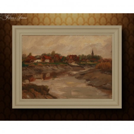 OBRAZ OLEJNY - L. VAN DE VELDE. - MIASTECZKO NAD RZEKĄ - PEJZAŻ .