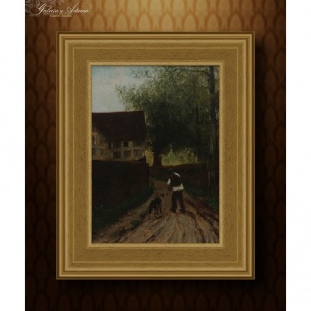OBRAZ OLEJNY - AUTOR - NIEZNANY - XIX w. - SPACER Z PSEM.