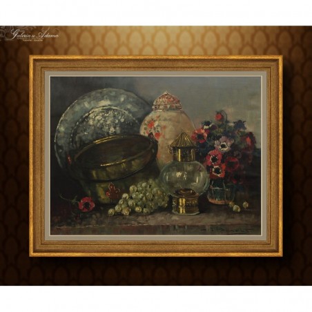 OBRAZ OLEJNY - HENRI JOSEPH PAUWELS (1903-1983) - MARTWA NATURA Z LAMPĄ NAFTOWĄ.