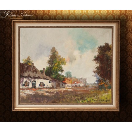 Obraz Olejny - Henri Joseph Pauwels ( 1903-1983) - Pejzaż jesienny z chatami.