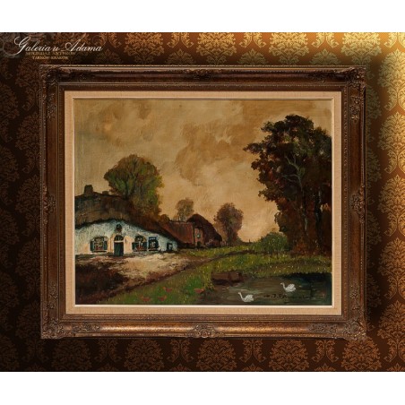 OBRAZ OLEJNY - Henri Joseph Pauwels ( 1903-1983) - CHATA Z JEZIORKIEM .