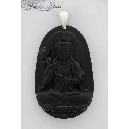 Wisior z czarnej laki-”Uśmiechnięty Budda “ ze srebrną zawieszką-Ciekawy !
