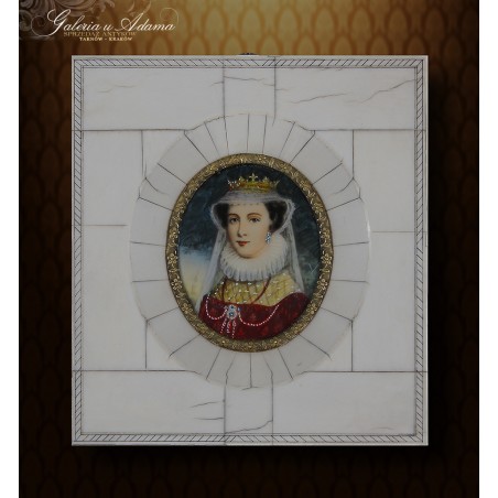 XIX w. - Miniatura olejna ręcznie malowane na kości w pięknej oprawie z kości - Portret królowej Marii Stuart - PIĘKNA !