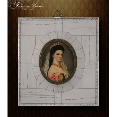 XIX w. - Miniatura olejna malowana na kości w oprawie z kości - Portret księżniczki austriackiej Elżbiety (Sissi)- PIĘKNA !