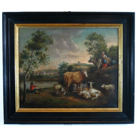 Obraz Olejny - Szkoła Holenderska(XVIII/XIX w.) - Pastuszkowie z bydłem.