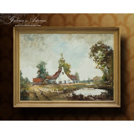 OBRAZ OLEJNY - Henri Joseph Pauwels ( 1903-1983) - PEJZAŻ Z JEZIORKIEM.