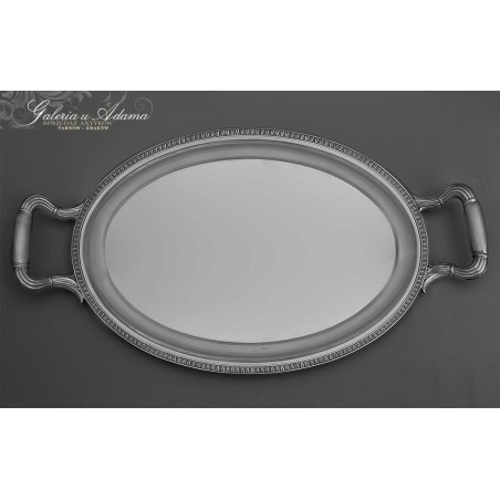 OWALNA TACA Z UCHWYTAMI WYKONANA ZE SREBRA-800 - OZDOBIONA LAMPASEM PALMETEK - ELEGANCKA !