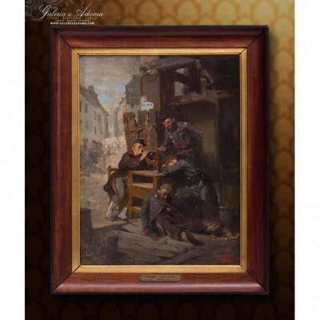 OBRAZ OLEJNY - Prudent Louis LERAY (1820-1879) - PIJANI ŻOŁNIERZE W RUINACH MIASTA.