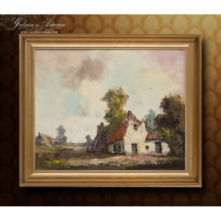 OBRAZ OLEJNY - Henri Joseph Pauwels ( 1903-1983) - WIEJSKA ZAGRODA.