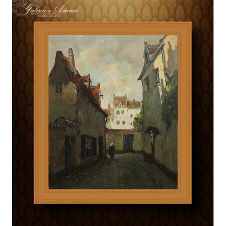 OBRAZ OLEJNY - HENRI JOSEPH PAUWELS (1903-1983) - Krzyż w miejskiej uliczce.