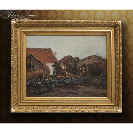 OBRAZ OLEJNY - Prosper DE WIT (1862-1951) - W WIEJSKIEJ ZAGRODZIE .