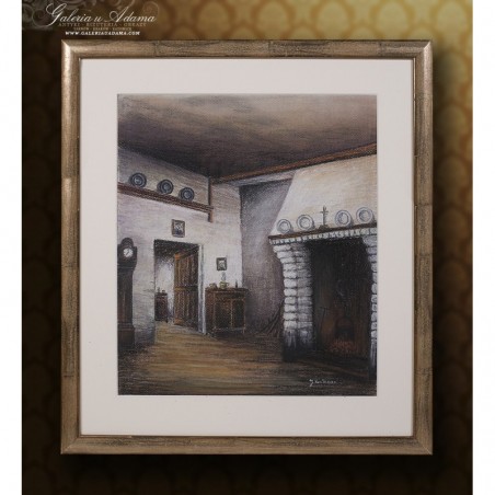 PASTEL - SYGNOWANY-J.VAN BIESEN. - WNĘTRZE Z KOMINKIEM.