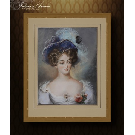 PASTEL OLEJNY - Autor nieokreślony (XIX w.) - Dama w niebieskim kapeluszu.