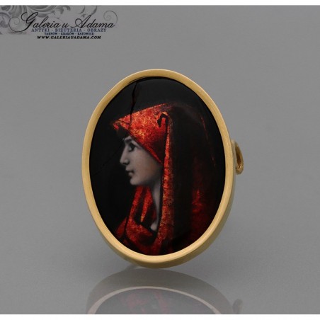 BROSZKA ZŁOTA-18 K "LIMOGES"-MINIATURA MŁODEJ KOBIETY NA EMALII- XIX/XX W.