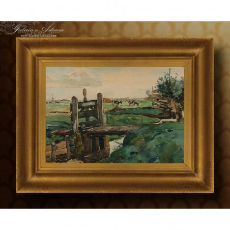 AKWARELA - WILHELMUS STENHOFF(1863-1932) - PASTWISKO NAD RZEKĄ .