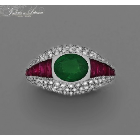 Pierścionek złoty-18 k wysadzany brylantami-1,00 k, Szmaragdem naturalnym- 1,65 k i Rubinami-1,60 k !!