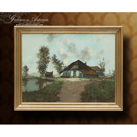 OBRAZ OLEJNY - Henri Joseph Pauwels (1903-1983) - WIEJSKA CHATA Z JEZIORKIEM.