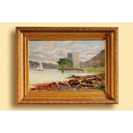 Obraz Olejny - J.Wilson.(XIX w.) - Wieża nad zalewem (1886 r).