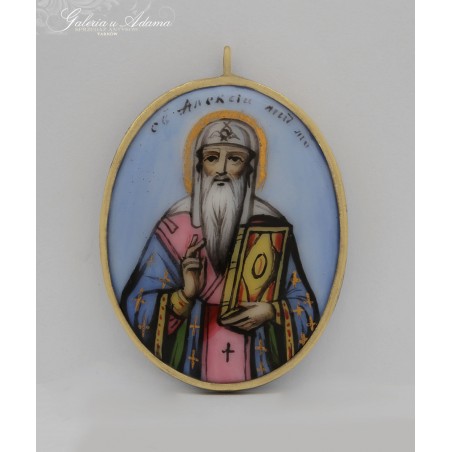 ~1880 r- Mała ikona w formie wisiora-Św. Aleksy, malowana ręcznie na porcelanie w złoconej oprawie -Rarytas kolekcjonerski !