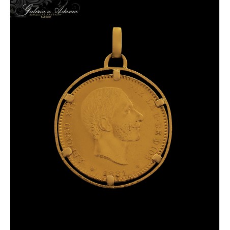 DWUSTRONNY WISIOR-MEDALION ZE ZŁOTA-18 K (w~9,95 g) WYSADZANY ZŁOTĄ MONETĄ- 25 PESETÓW-1881 r-ALFONSO XII -HISZPANIA !