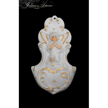 KROPIELNICZKA Z BIAŁEJ-ZŁOCONEJ PORCELANY W FORMIE OZDOBNEGO KARTUSZA Z ANIOŁEM-PIĘKNA !