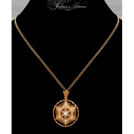 Złoto-18 k (w~16,73 g) Wisiorek z łańcuszkiem  z wypukłą “Gwiazdą Dawida” wysadzany cyrkoniami- PIĘKNY !!