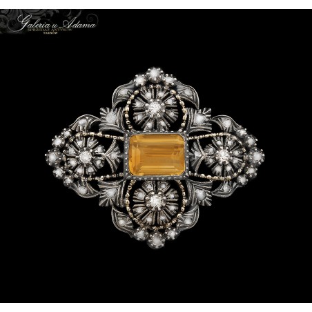 Broszka złota-18 k (w~11,66 g) wysadzana brylantami-1,00 karat i Cytrynem naturalnym- 2,80 k !