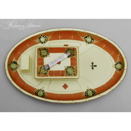 “ KARLSBAD"Karlovy Vary-CZECHOSŁOWACJA-LUKSUSOWA POPIELNICZKA Z PORCELANY Z PRZYKRYWKĄ I PODSTAWKĄ - RĘCZNIE MALOWANA.