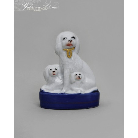 XIX w Staffordshire-Antyczna figurka psa-pudel ze szczeniętami z porcelany ręcznie malowana-Ciekawostka kolekcjonerska !