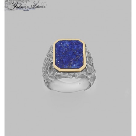 Sygnet srebrno-złoty wysadzany Lazurytem ( Lapis Lazuli)-Elegancki !