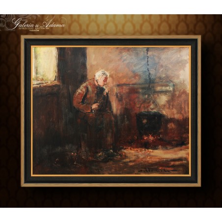 OBRAZ OLEJNY - Henri Joseph Pauwels ( 1903-1983) – STARY CZŁOWIEK  PRZY  KOMINKU.