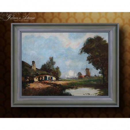 OBRAZ OLEJNY - Henri Joseph Pauwels (1903-1983) - WIEJSKA ZAGRODA Z MŁYNEM-H.J.PAUWELS.