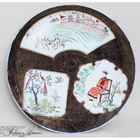 XIX w – DUŻE WSCHODNIE MALOWIDŁO NA PORCELANIE SKŁADAJĄCE SIĘ Z TRZECH PEJZAŻY NA KOBALTOWO-ZŁOTYM TLE- PIĘKNE !!