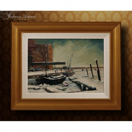 OBRAZ OLEJNY - Raoul LAMBERT (1914-1969) - ZIMA W PORCIE .