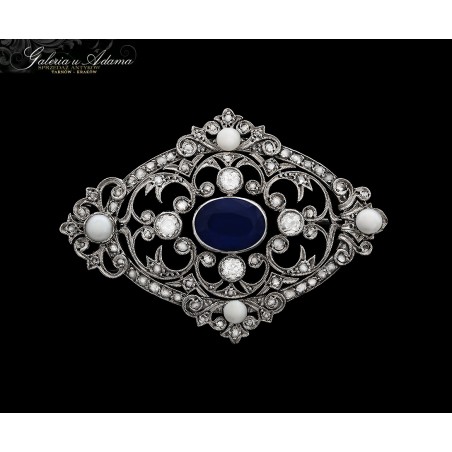 Broszka złota-18 k ( w~11,46 g) wysadzana brylantami- 1,00 k, perłami i szafirem-dublet !!