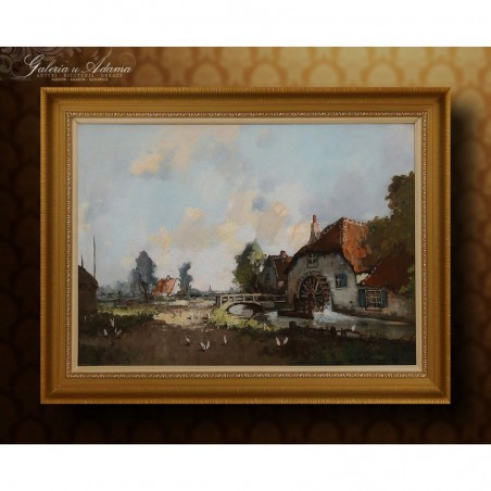 OBRAZ OLEJNY - Henri Joseph Pauwels ( 1903-1983) - PEJZAŻ WIEJSKI Z MŁYNEM -H.J.PAUWELS .