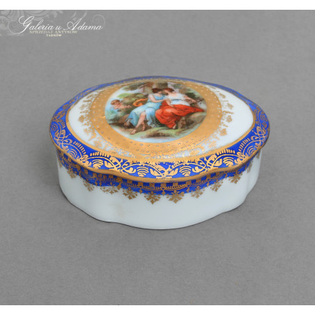 Owalne puzderko z przykrywką z porcelany zdobione scenką rodzajową-Piękne !